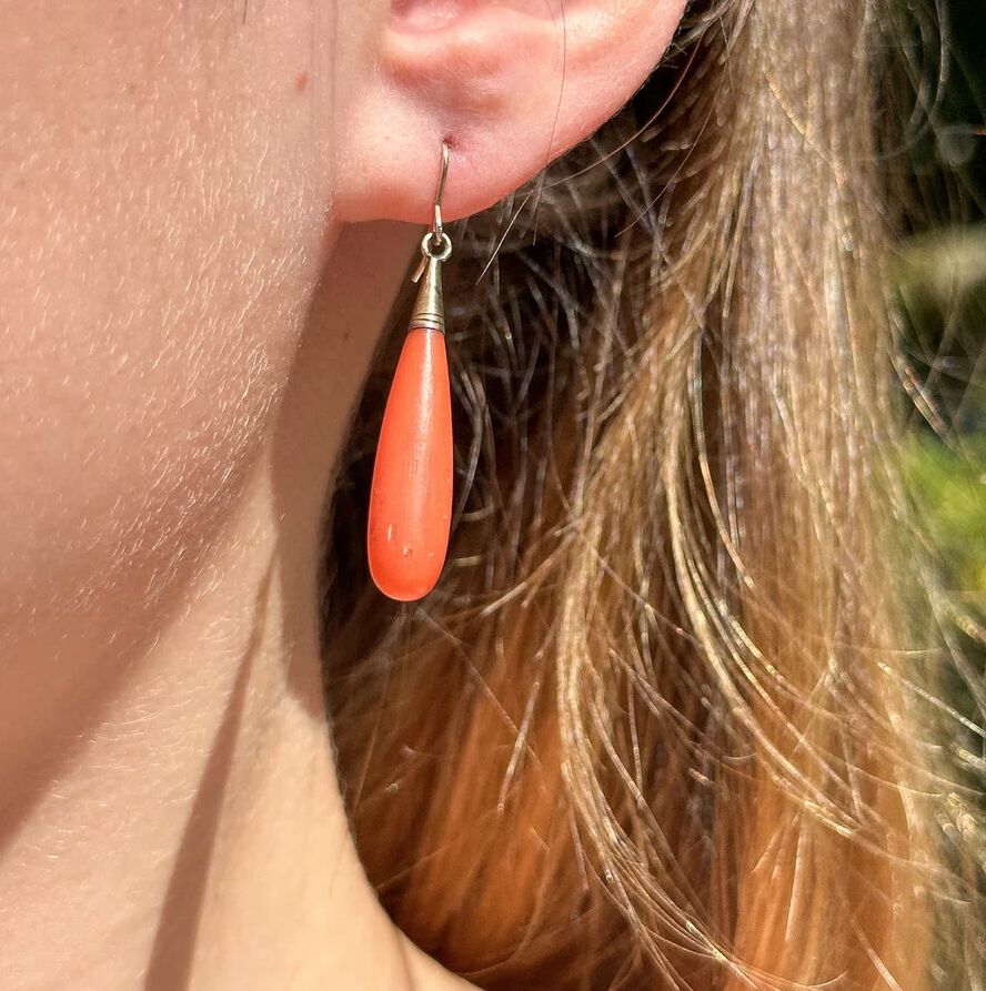 Antique Victorian Coral Drop Earrings 18ct Gold