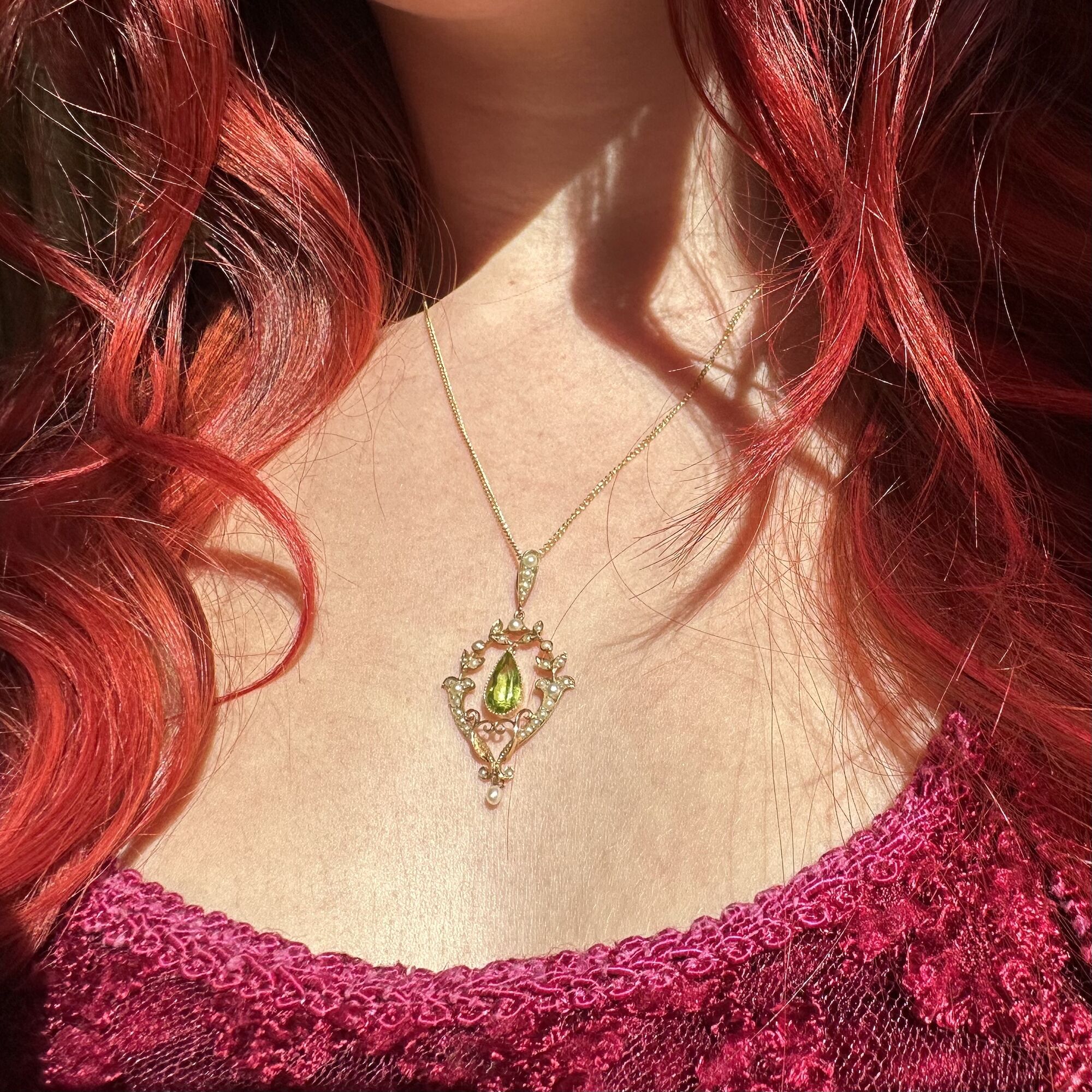 Antique Victorian Art Nouveau Peridot Pearl Pendant 15ct Gold