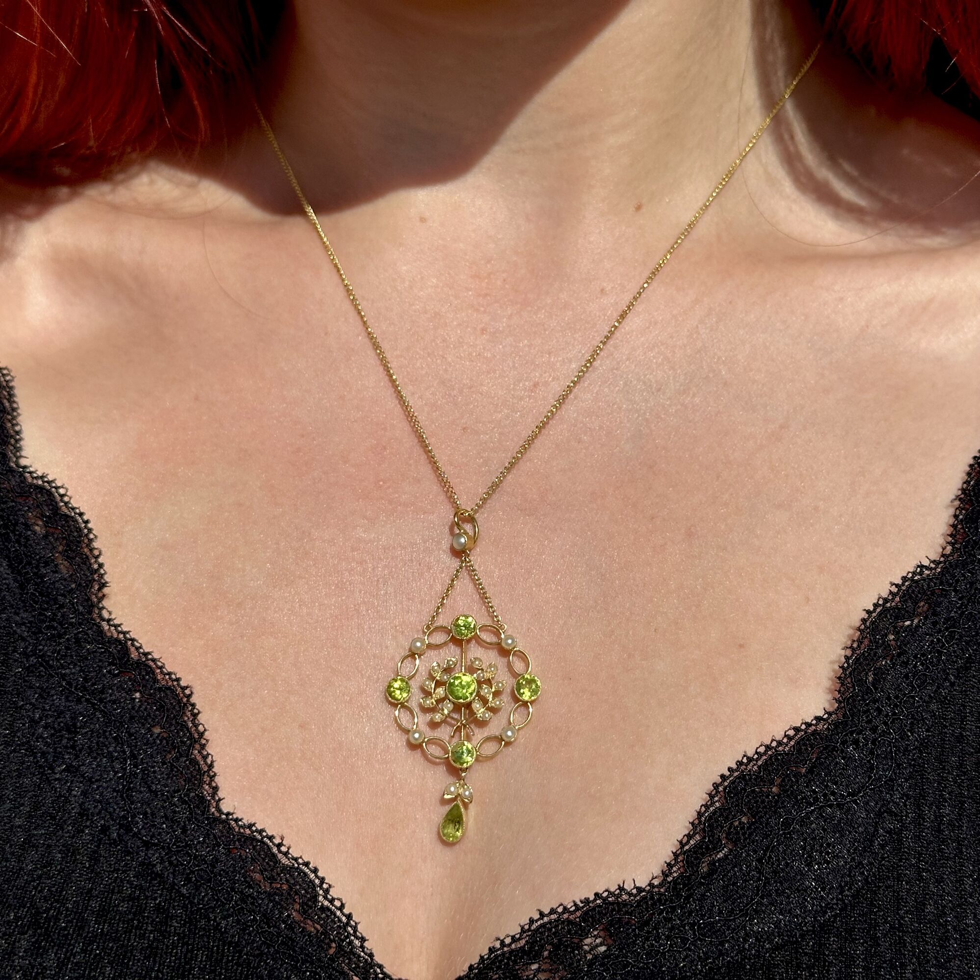 Antique Edwardian Peridot Pearl Pendant 15ct Gold
